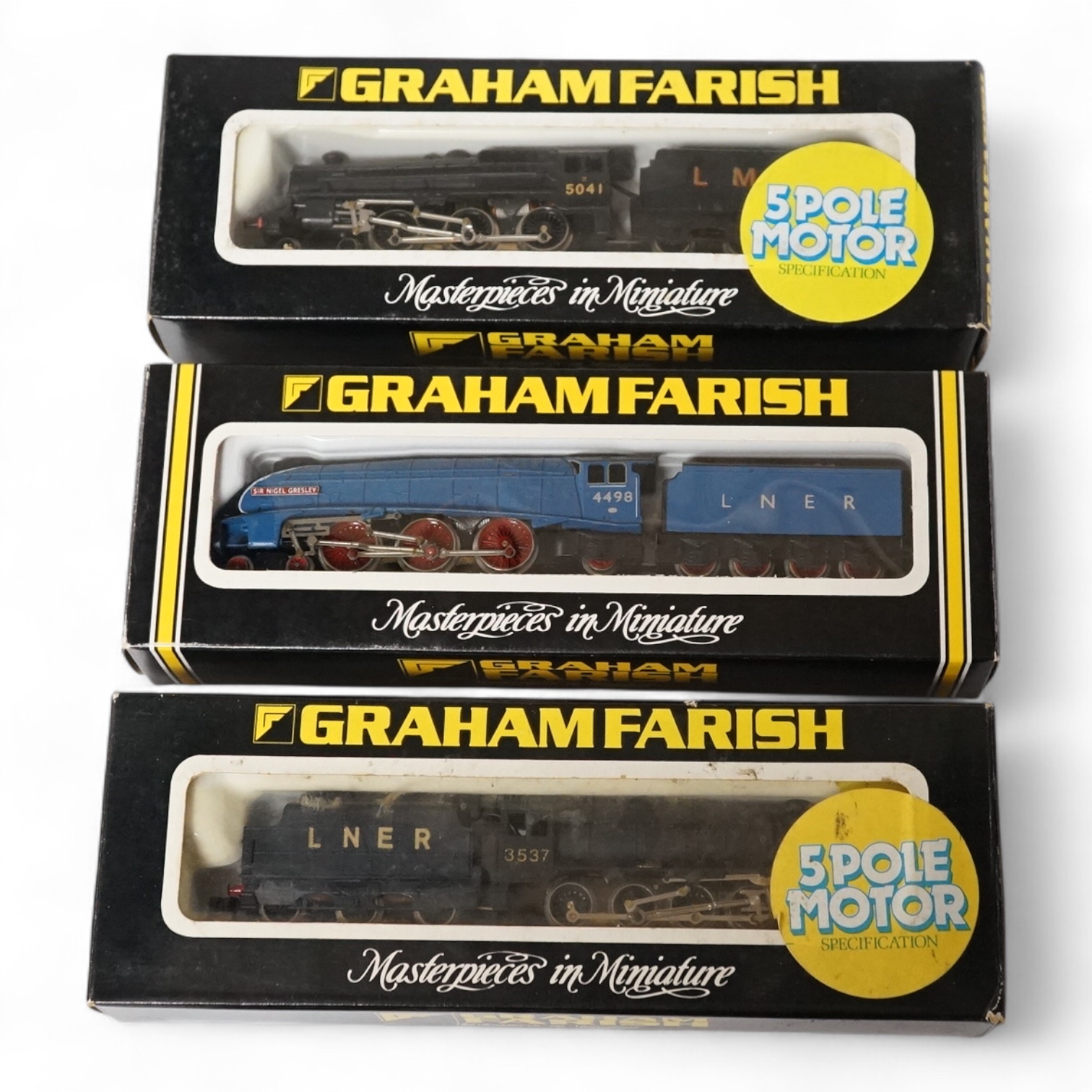 Three boxed Graham Farish N gauge railway locomotives; LMS Class Five 5041 (1801), LNER Class A4 Sir Nigel Gresley 4498 (1862) and LNER 8F 3537. Condition - good.
